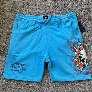 Ed Hardy Men Fleece Shorts Fire Skull Tattoo Design Drawstring NWT Blue Size XL